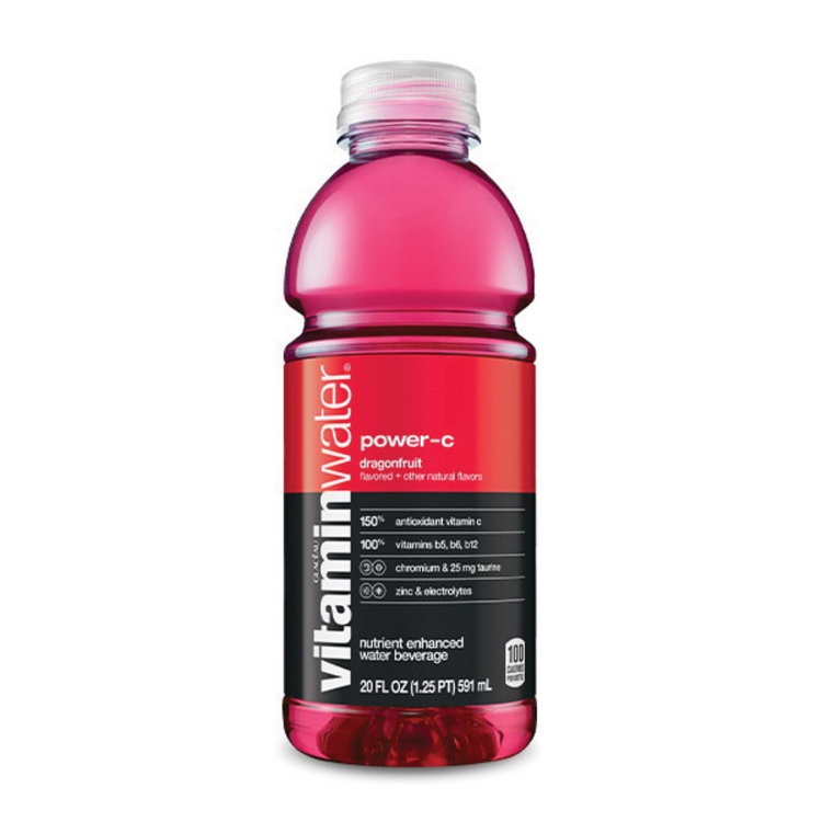 20oz Vitaminwater Zero Dragonfruit bottle with clear label and vibrant pink dragonfruit flavor branding.