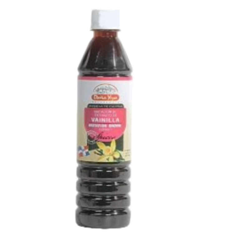 Brown vanilla artificial flavor in an 8oz bottle by Farmacias Savia, shown with a brown liquid and flavoring label.