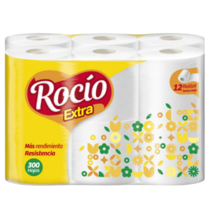 Rocío Extra toilet paper 12 rolls from Farmacias Savia, soft white paper rolls for bathroom use, in packaging with branding.