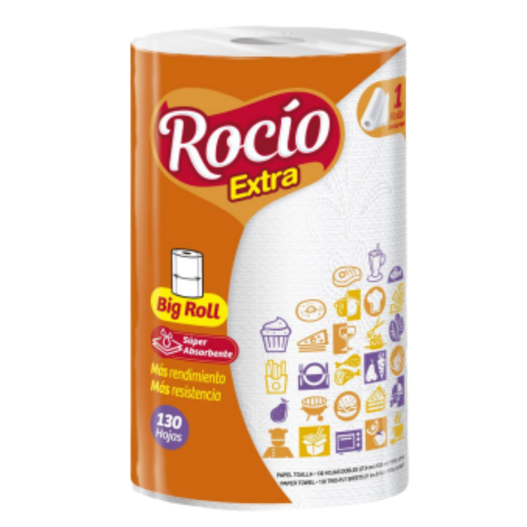 Farmacias Savia Rocío Extra Big Roll Toilet Paper showing a large roll with white paper and packaging label.