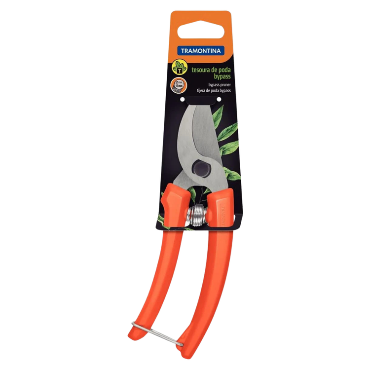 Tramontina bypass pruning shears for gardening with 17mm blades, featuring ergonomic handles for precise plant trimming.