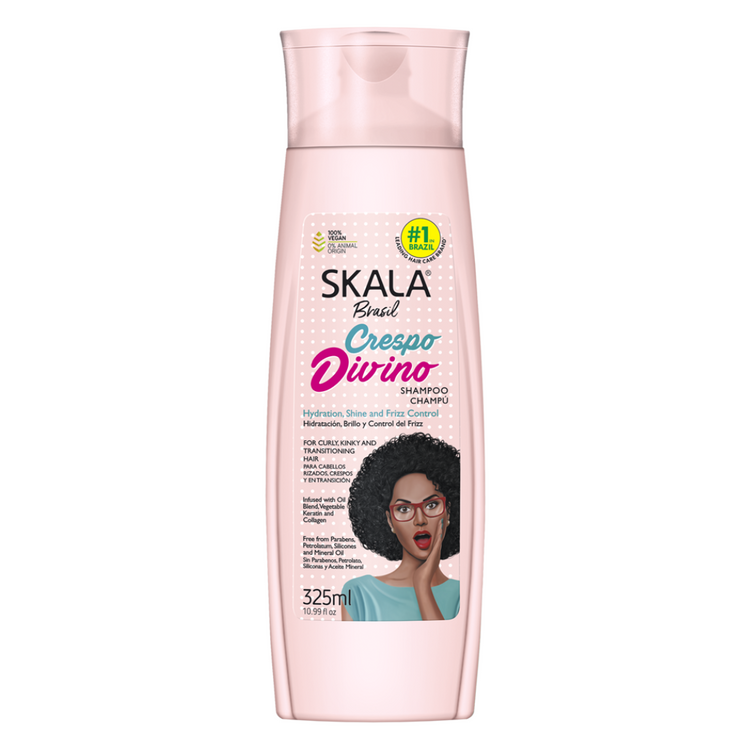 Farmacias Savia Skala Crespo Divino Shampoo bottle for hair, 10.99 oz, with label displaying product details.