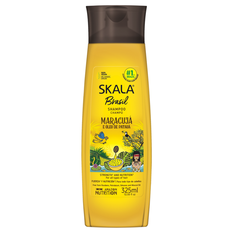 Farmacias Savia Skala Maracujá Shampoo in 10.99 oz bottle, designed for healthy hair care with passion fruit extract.