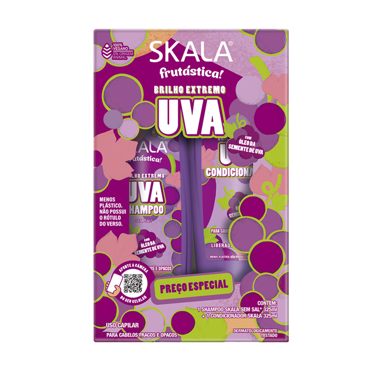 Skala Frutástica Uva Extreme Shine Shampoo and Conditioner set bottles with purple grape imagery, 11oz each, for shiny hair.