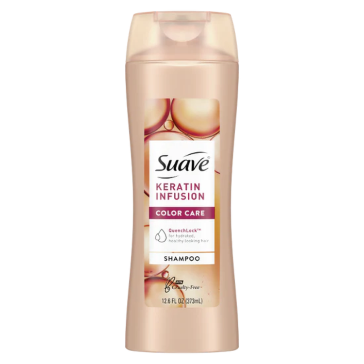 Suave Keratin Infusion Color Care Shampoo in 12.6 oz bottle, designed for nourishing and protecting colored hair.