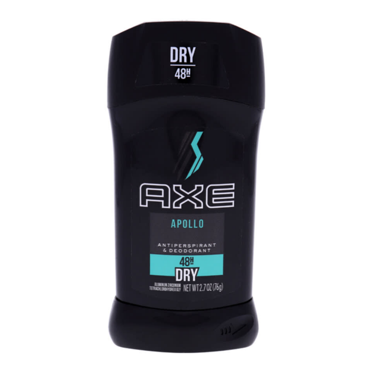 Axe Apollo 48H Dry antiperspirant deodorant stick, 2.7oz, with blue packaging and smooth deodorant surface.