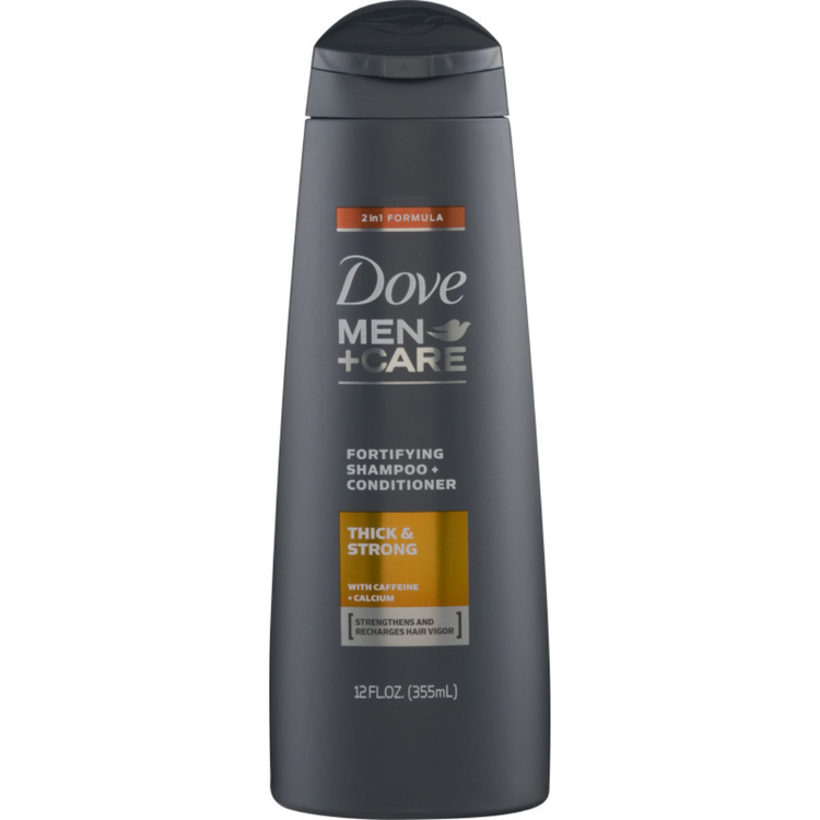 Dove Men+Care Thick & Strong Fortifying 2-in-1 shampoo and conditioner bottle, 12oz, for men&