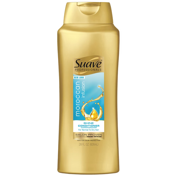 Suave Professionals Moroccan Infusion Shine Conditioner 28oz bottle with label and pump dispenser on a white background.