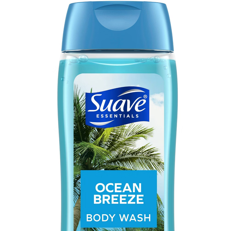 Farmacias Savia Suave Essentials Ocean Breeze body wash in a 532 mL bottle, with refreshing ocean-inspired scent.