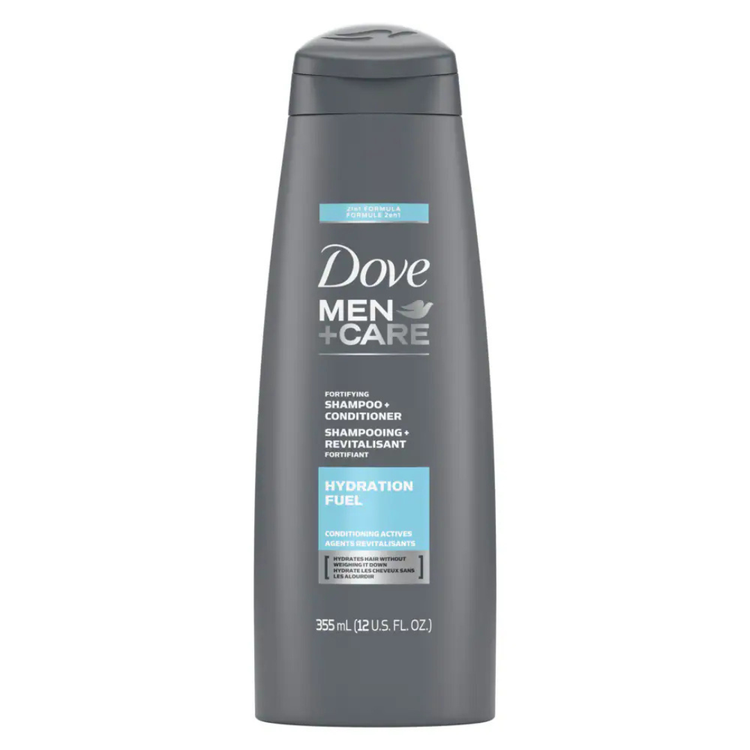 Dove Men+Care Hydration Fuel 2-in-1 Shampoo and Conditioner bottle, 12oz, with blue and white packaging and product label.
