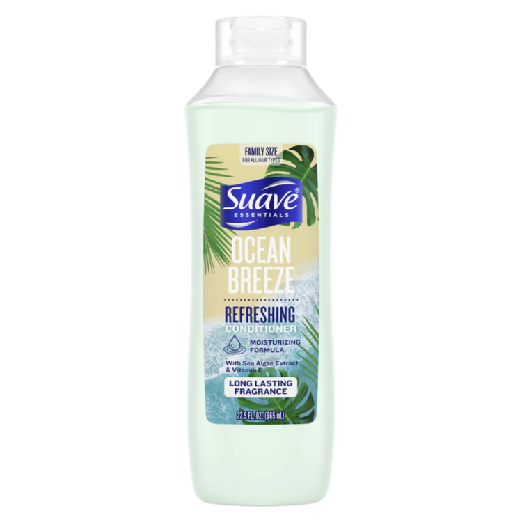Farmacias Savia Suave Essentials Ocean Breeze refreshing conditioner for hair, 22.5 oz, with a blue ocean-inspired bottle and label.