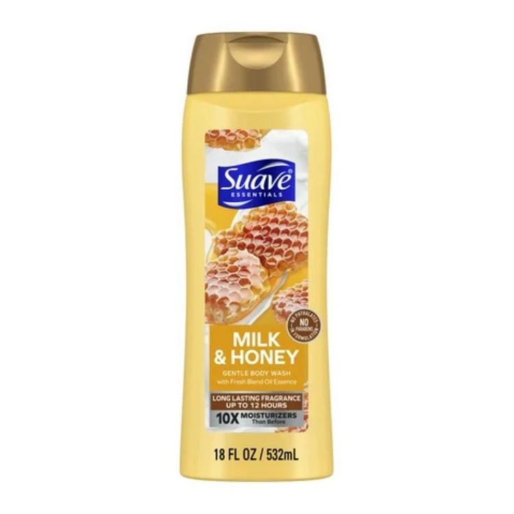 Suave Essentials Milk & Honey Body Wash in 18oz bottle, for gentle cleansing and nourishing skin.