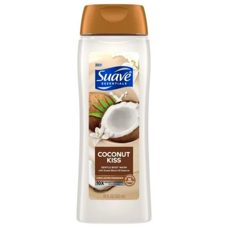 Suave Essentials Coconut Kiss body wash in 18 oz bottle, natural coconut scent, for cleansing and moisturizing skin.