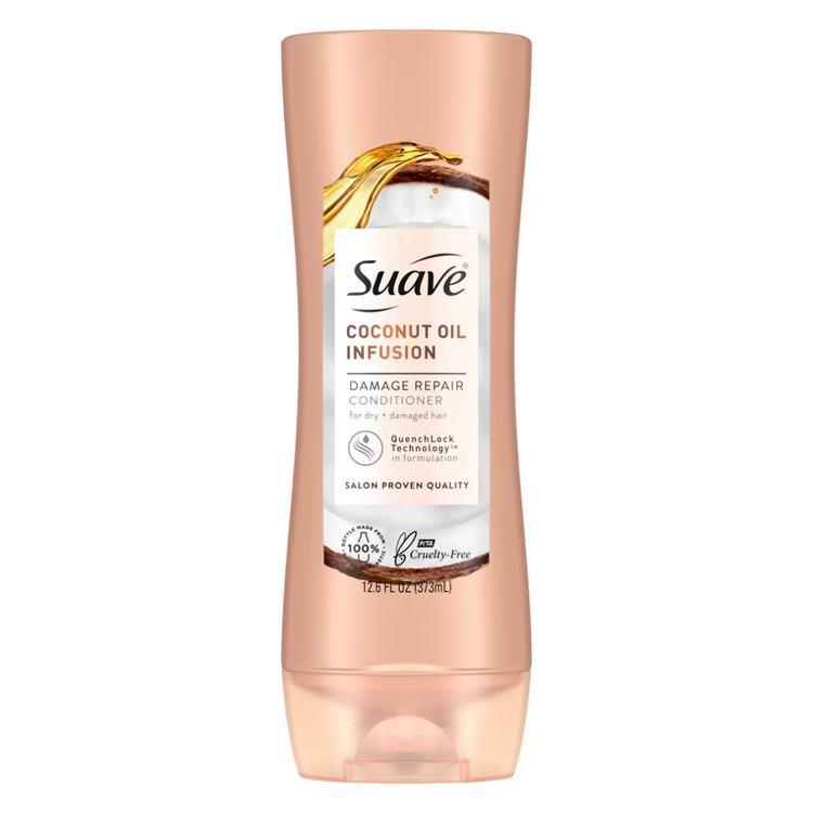 Suave Coconut Oil Infusion Damage Repair Conditioner for hair, 12.6 fl oz, with nourishing coconut oil, in a white bottle.