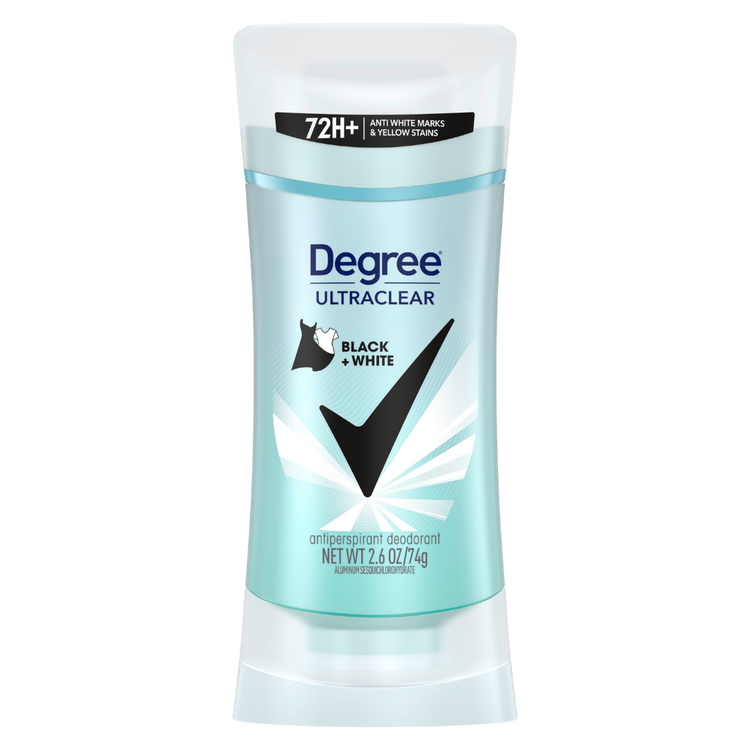 Degree MotionSense UltraClear black and white deodorant stick with sleek packaging, designed for effective odor protection.