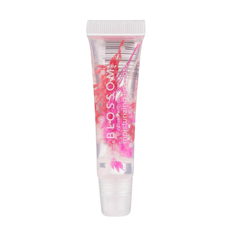Farmacias Savia Blossom Moisturizing Lip Gloss in strawberry tube, 0.3oz, with shiny, smooth lip gloss visible in the image.