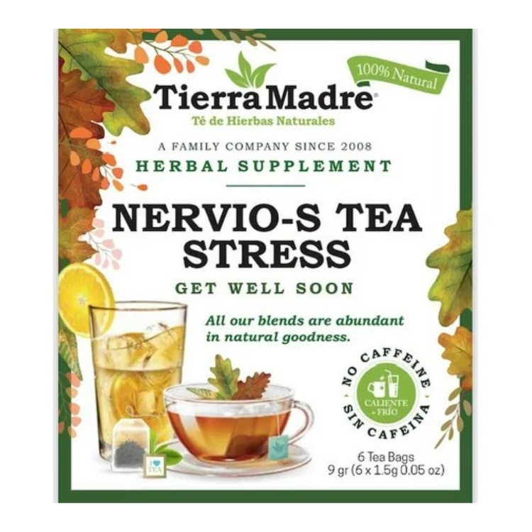 Tierra Madre Nervio-S Tea Stress supplement box with six tea bags, natural herbal stress relief from Farmacias Savia.