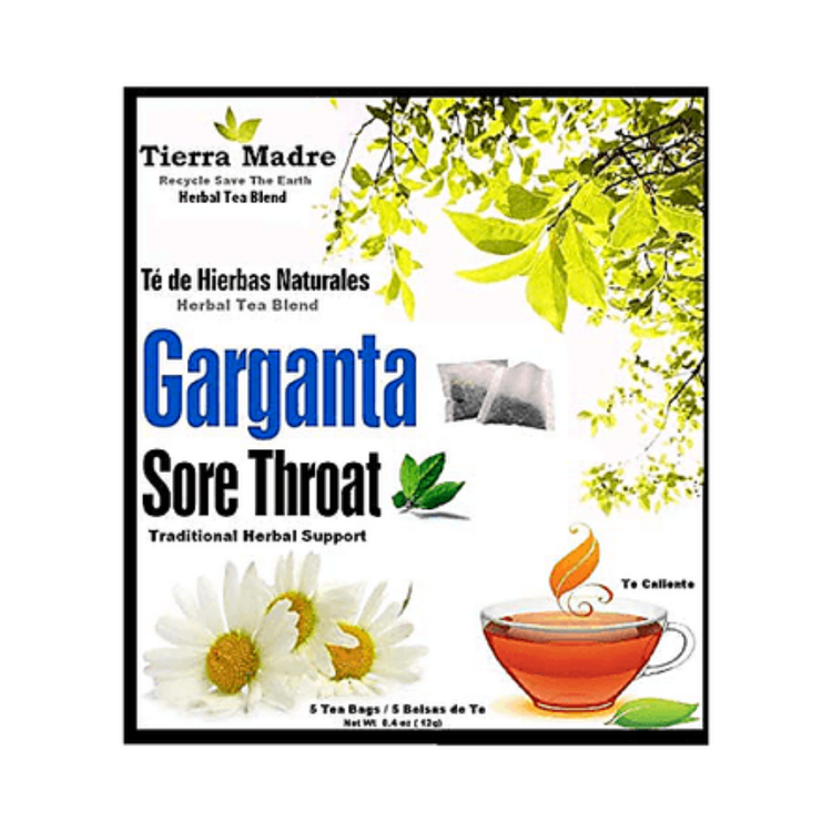 Box of Tierra Madre Garganta sore throat herbal tea supplement by Farmacias Savia, showing 5 herbal tea sachets on the packaging.