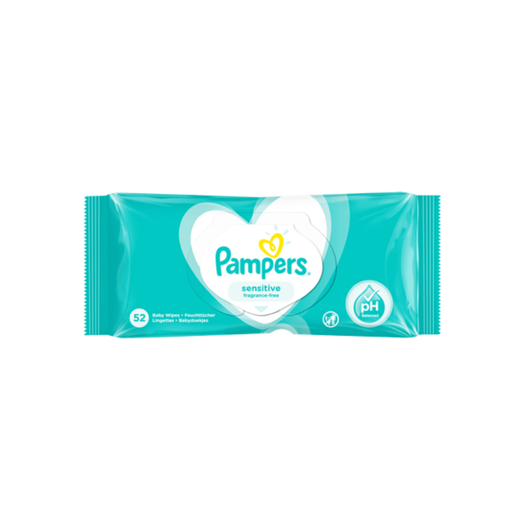 Pack of Pampers Baby Wipes Sensitive, fragrance-free, 52 count, soft and gentle for sensitive skin.