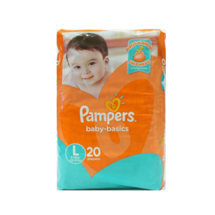 Large Pampers Baby Basics diaper pack with 20 diapers, designed for infants, from Farmacias Savia.