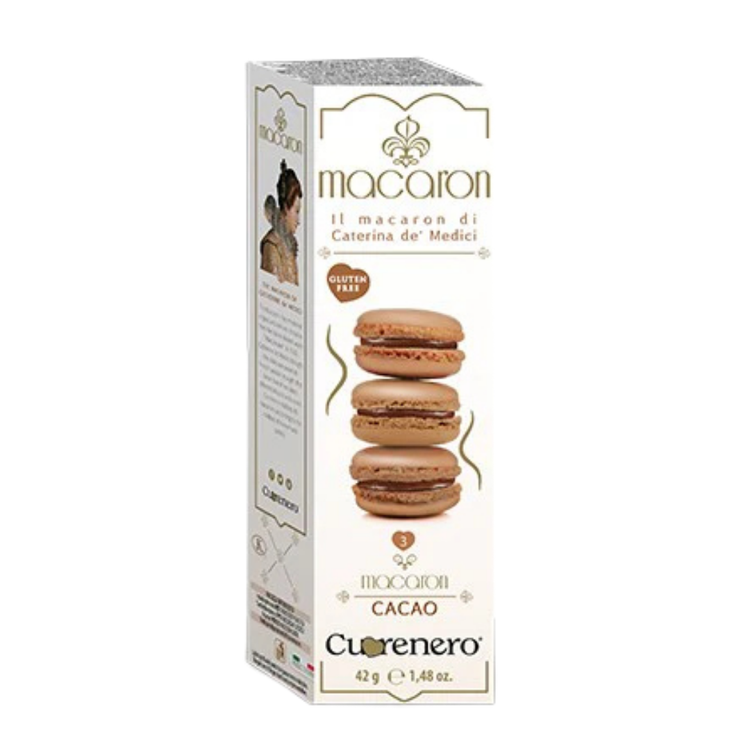 Farmacias Savia Cuorenero Cacao Macarons, Italian gluten-free cookies with rich chocolate flavor, packaged in a 1.48oz size.