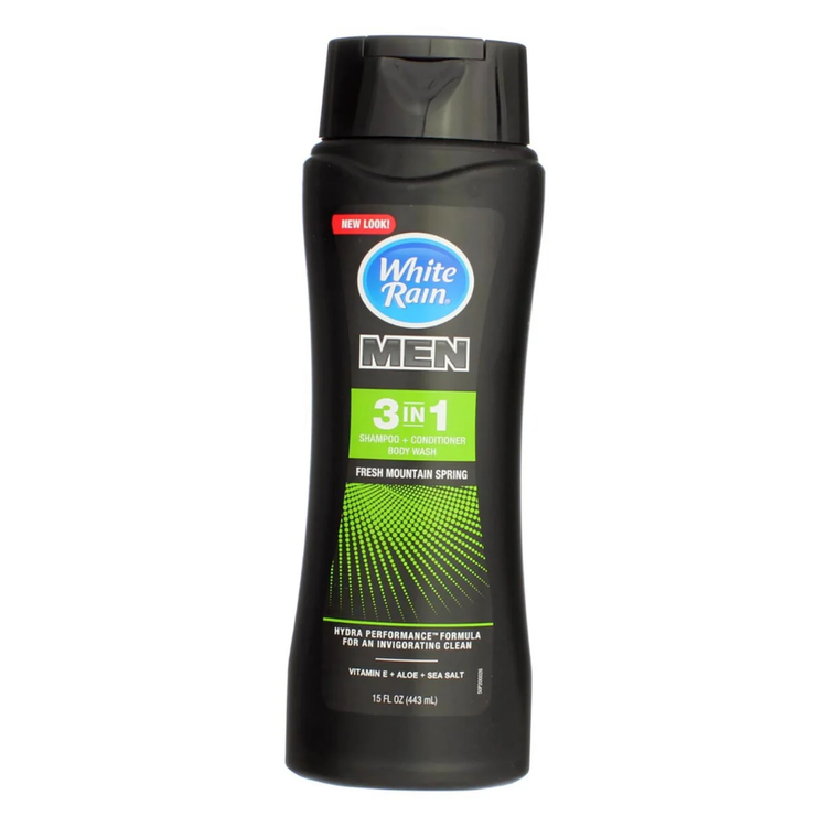 White Rain For Men 3-in-1 shampoo, conditioner, and body wash in a white bottle, designed for men&