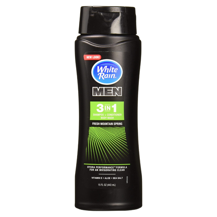 White Rain 3-in-1 shampoo, conditioner, and body wash for men in a gel form, 18oz bottle, by Farmacias Savia.