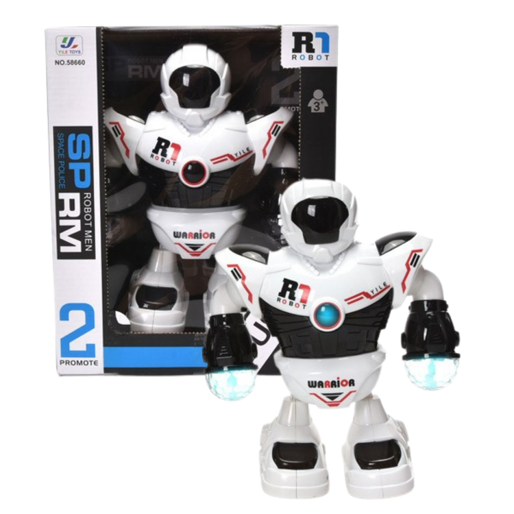 Farmacias Savia Space Police Robot Warrior action figure with lights and music, showcasing a white robot in a dynamic pose