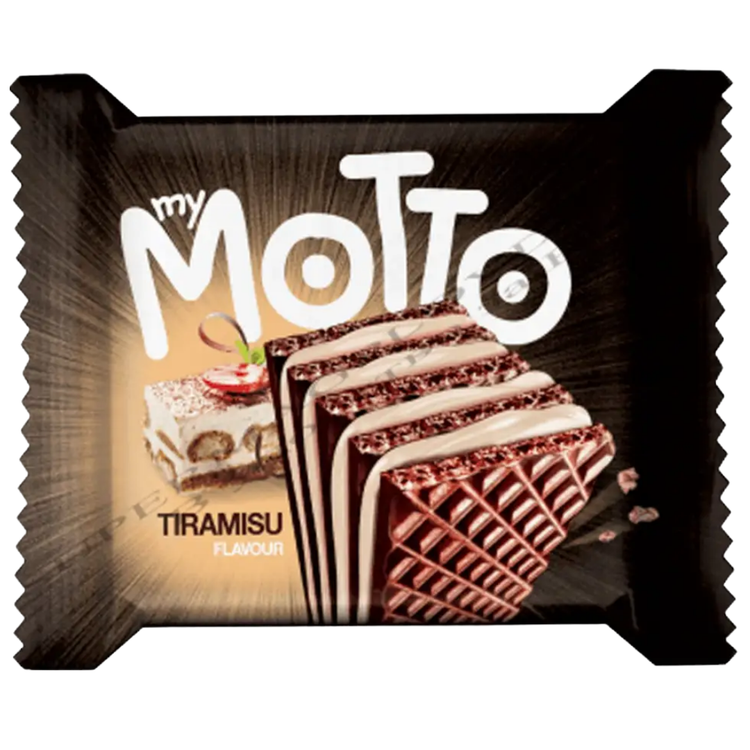 Farmacias Savia My Motto Wafer Bar Tiramisu 1.6oz, crispy chocolate and coffee-flavored wafer candy with Tiramisu taste.
