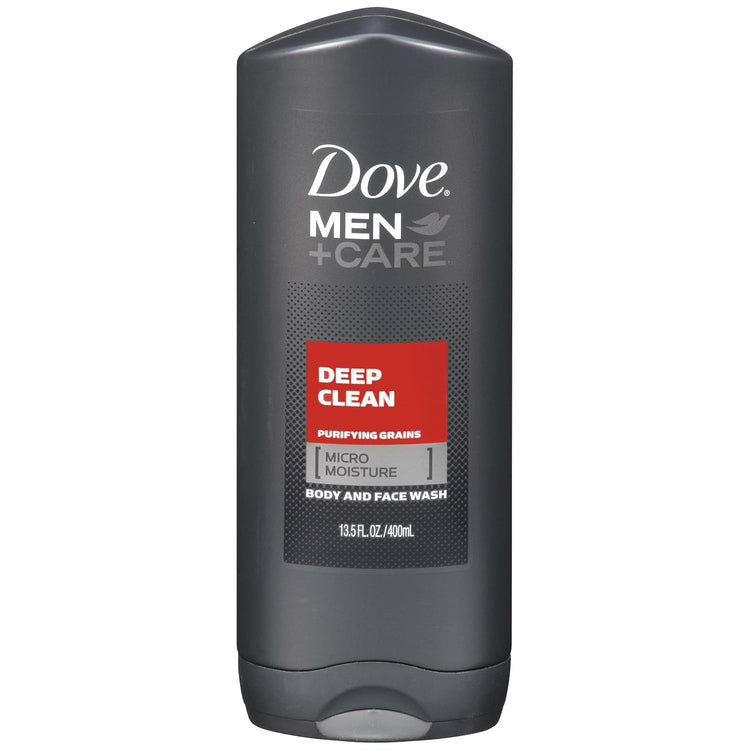 Dove Men + Care Deep Clean Body and Face Wash bottle, 13.5 oz, featuring clear liquid and sleek label design.