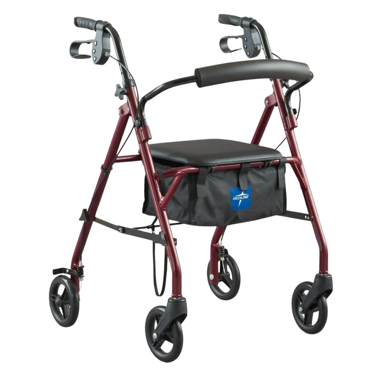 Medline rollator walker in burgundy with four wheels, adjustable height handles, and a built-in seat for mobility and support.