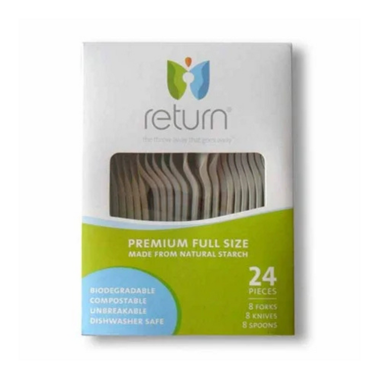 Set of 24 biodegradable Yumi Return compostable combo cutlery made from natural starch, disposable and eco-friendly.
