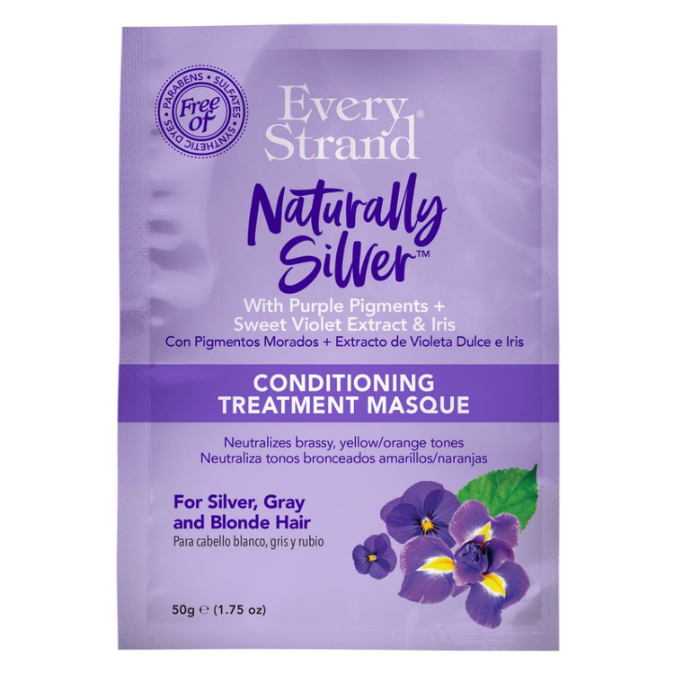 Farmacias Savia Every Strand Naturally Silver Conditioning Treatment Masque for hair, 1.75 oz, in a silver-colored jar.