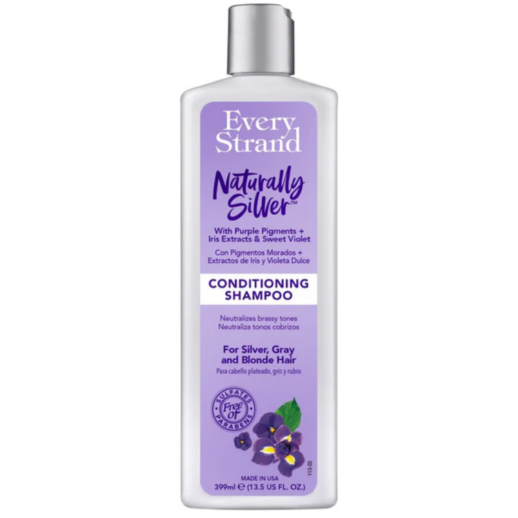 Farmacias Savia Every Strand Naturally Silver Purple Shampoo bottle, 13.5oz, with silver and purple branding on the label.