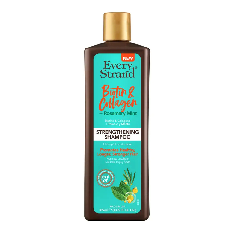 Every Strand Biotin & Collagen Strengthening Shampoo bottle from Farmacias Savia, 13.5 oz, with clear label and pump dispenser.