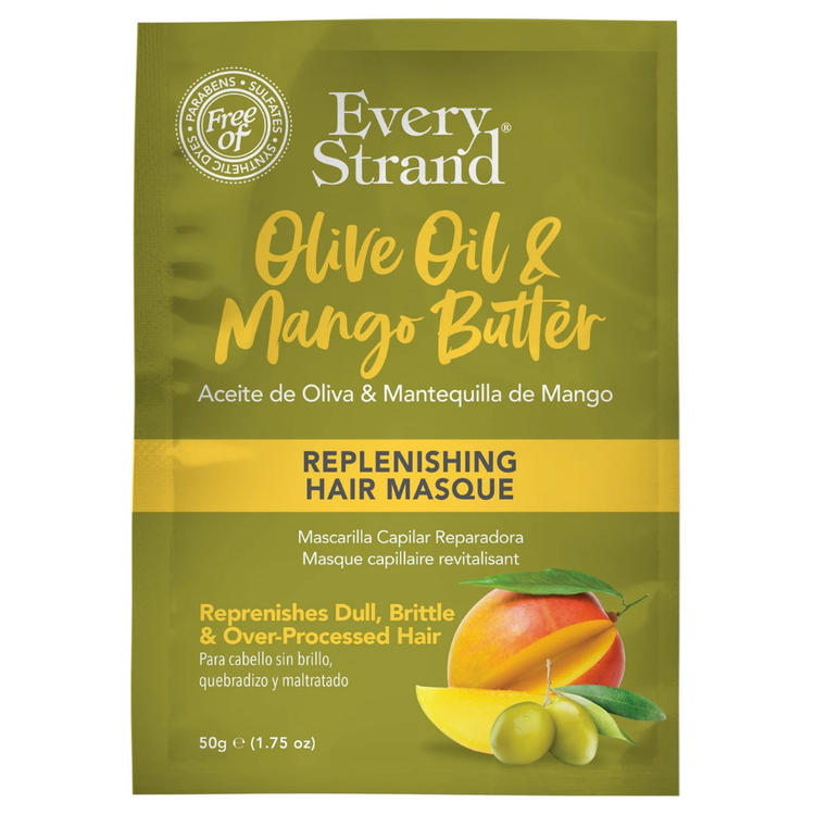 Farmacias Savia Every Strand Olive Oil & Mango Butter Replenishing Hair Masque for silky, healthy hair, 1.75 oz cabello treatment.