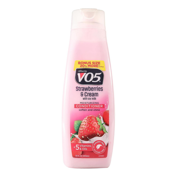 Alberto VO5 Strawberries & Cream Moisturizing Conditioner for hair, 15oz bottle with strawberries and cream scent.