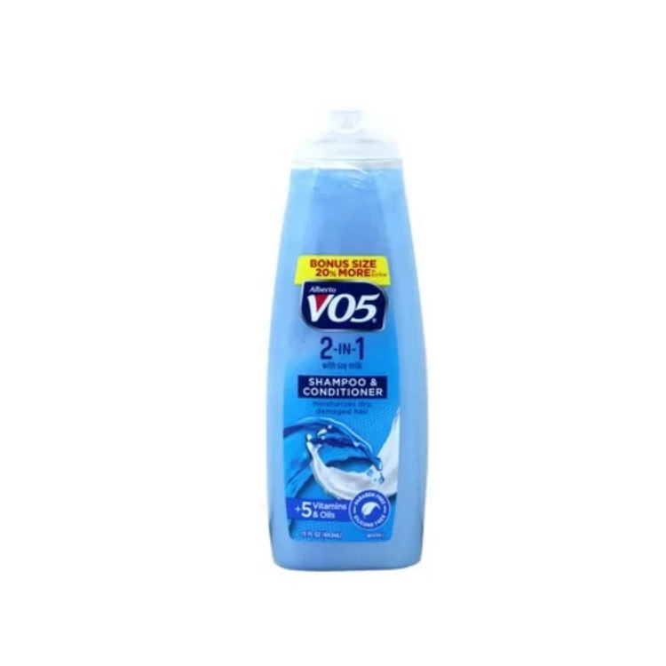 Alberto VO5 Ocean Refresh 2-in-1 shampoo and conditioner for hair, 15 oz bottle with blue ocean-inspired label.