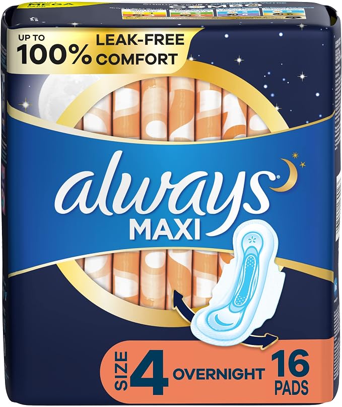 Farmacias Savia Always MAXI SIZE 4 overnight panty liners, 16 pads, with absorbent core and discreet design for overnight protection.