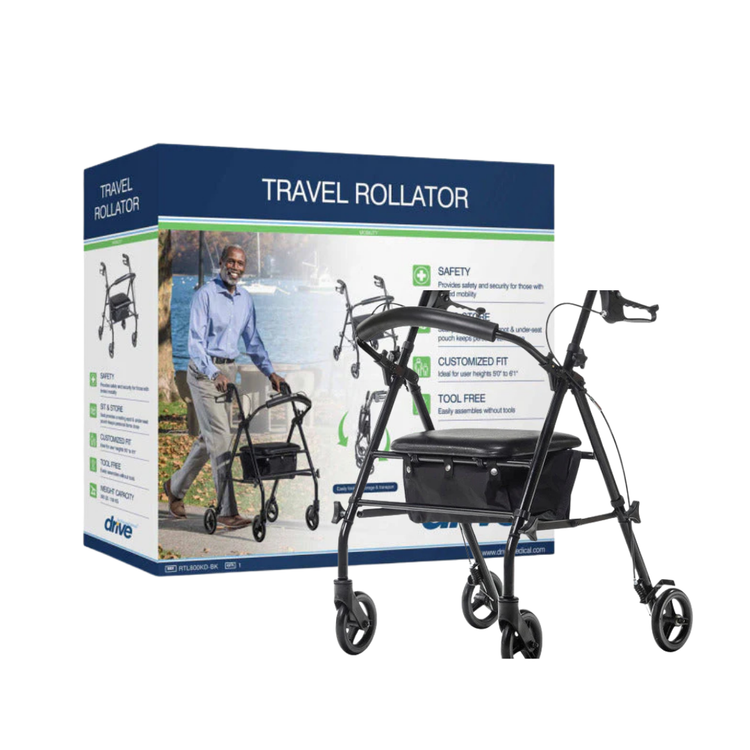 Drive Medical black travel rollator with four wheels and hand brakes, designed for mobility and support.