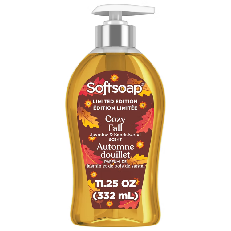 Softsoap Cozy Fall Jasmine & Sandalwood limited edition hand soap bottle, 11.25oz, with autumn-themed packaging.