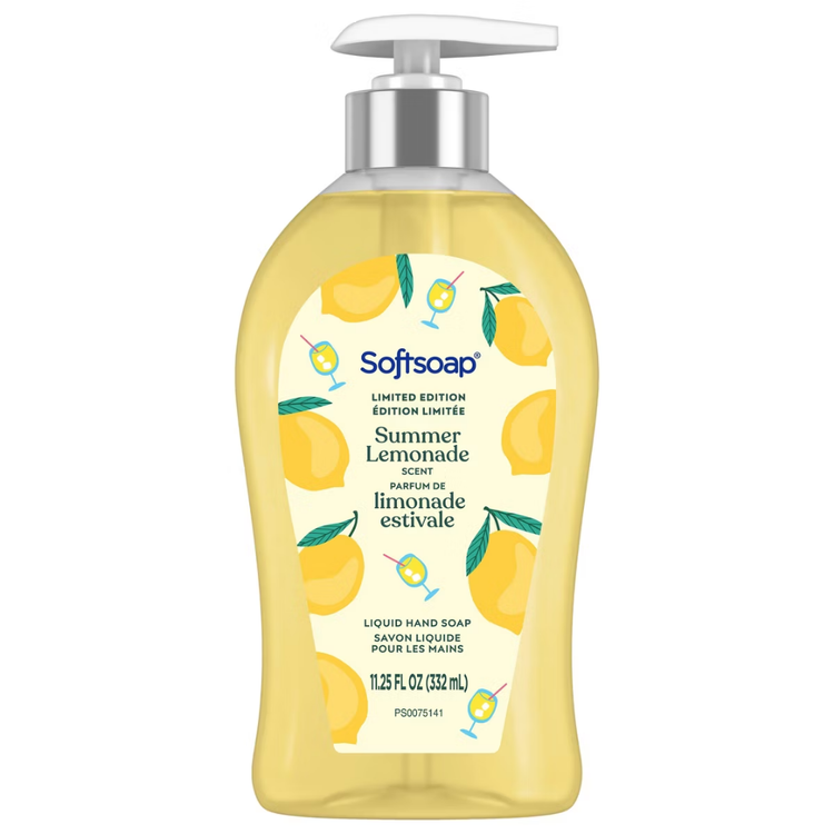 Softsoap Summer Lemonade liquid hand soap in 11.25oz bottle with bright lemon and summer fruit design by Farmacias Savia