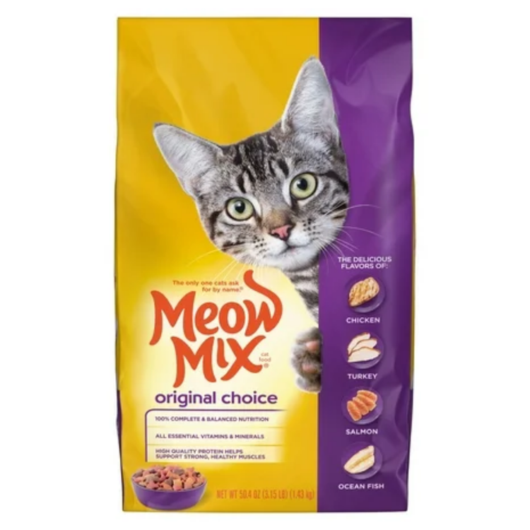 Bag of Meow Mix Original Choice dry cat food with chicken, turkey, and salmon in a 3.15 lb bag, featuring colorful packaging and cat images.