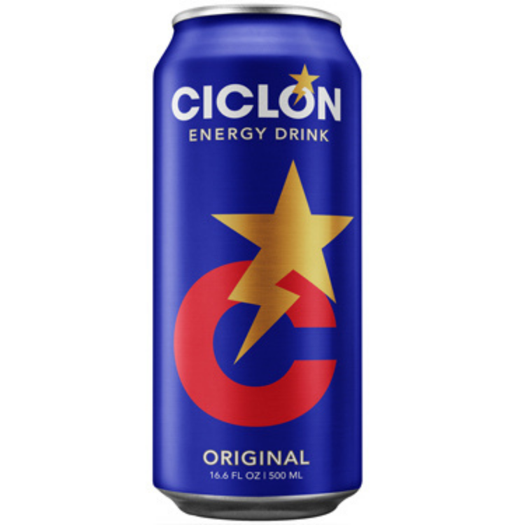 Ciclón Energy Drink Original in 16.6 oz can by Farmacias Savia, featuring vibrant blue and red design with energy boost branding.