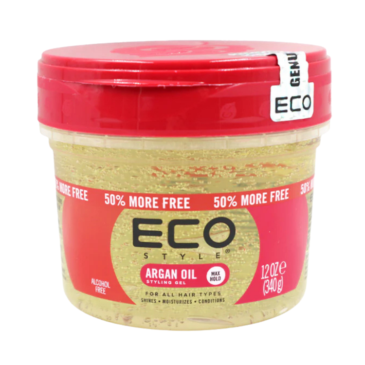 Eco Style Argan Oil Styling Gel Max Hold in 12oz jar, featuring clear gel with argan oil for strong hold and shiny hair.