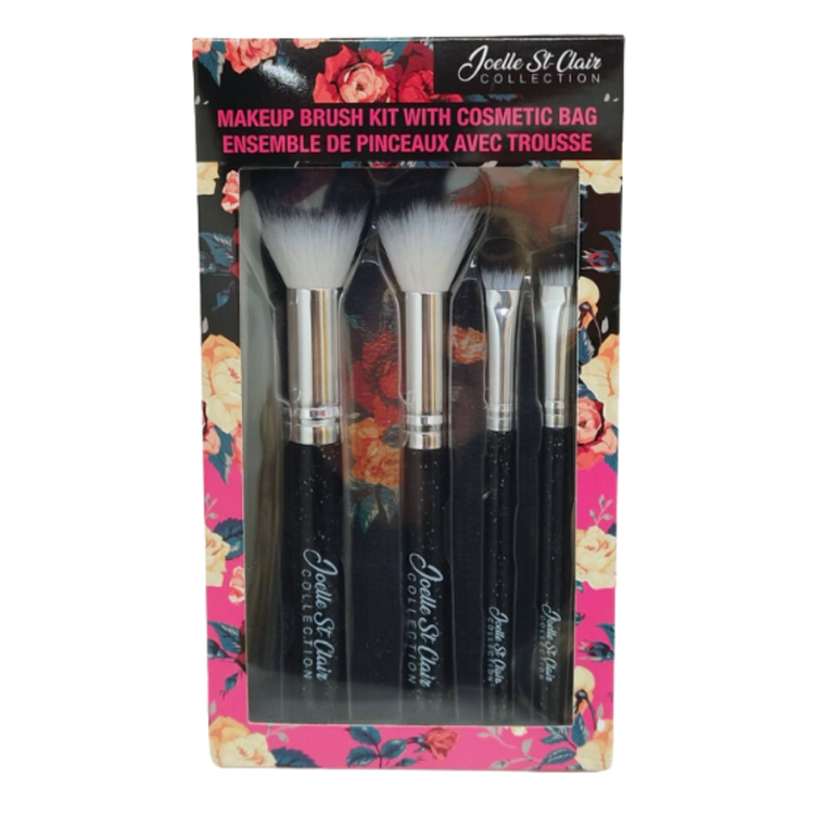 Farmacias Savia Joelle St. Clair 5-piece makeup brush kit with cosmetic bag, showing various brushes and a compact bag.