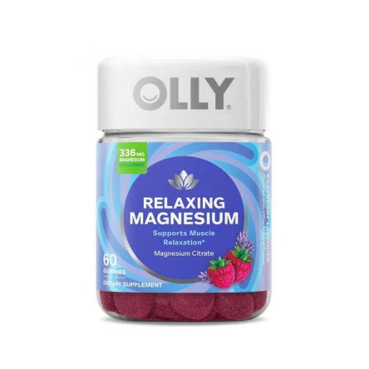 OLLY Relaxing Magnesium Raspberry Lavender Gummies in a clear container, showing 60 raspberry lavender flavored gummy supplements.
