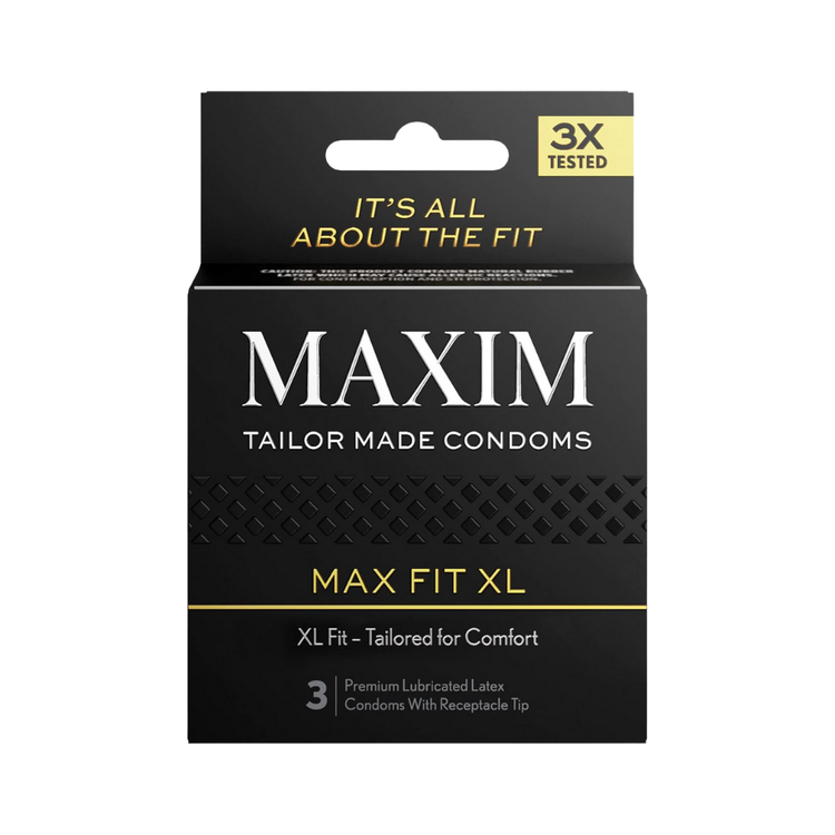 Maxim Tailor Made Max Fit XL condoms in a 3-pack, featuring lubricant and textured design for added comfort and protection.