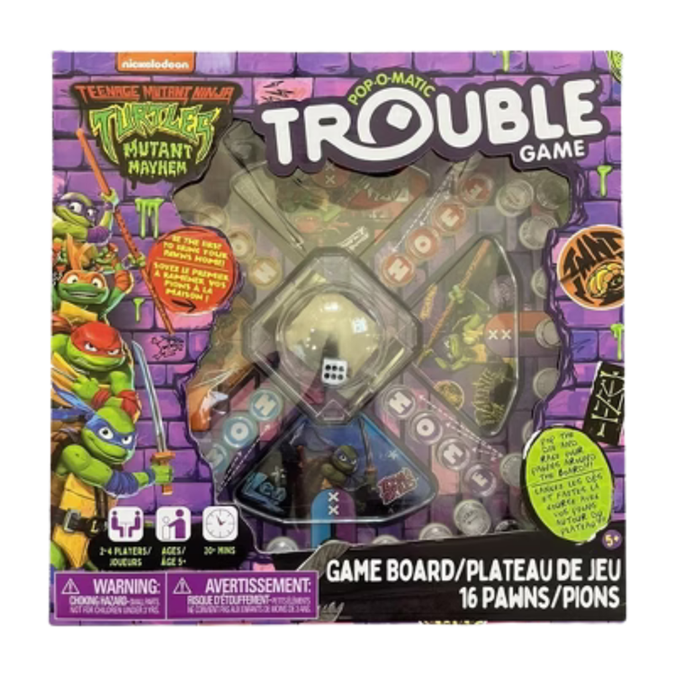 Trouble Teenage Mutant Ninja Turtles Edition board game for ages 5 and up, featuring colorful game pieces and a plastic pop-o-matic die roller.