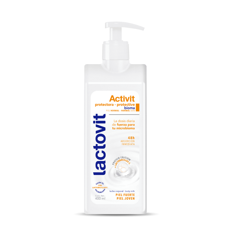Lactovit Activit body lotion for normal skin in a 400ml bottle, moisturizing and nourishing skin.